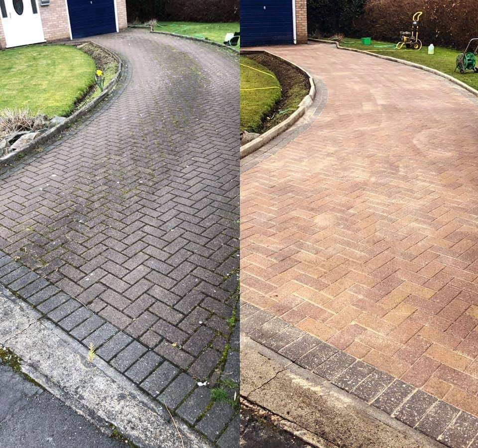 Driveway pressure washing before and after split image