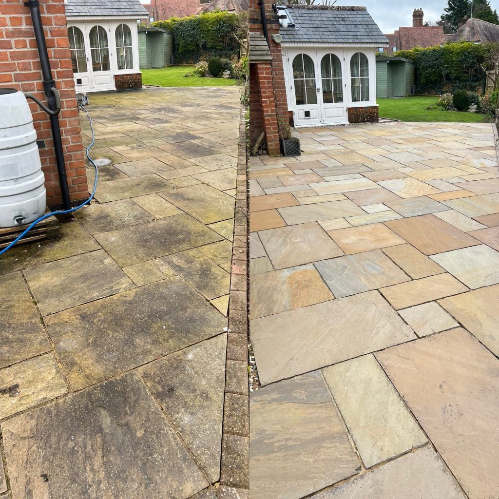 Patio pressure washing before and after split image